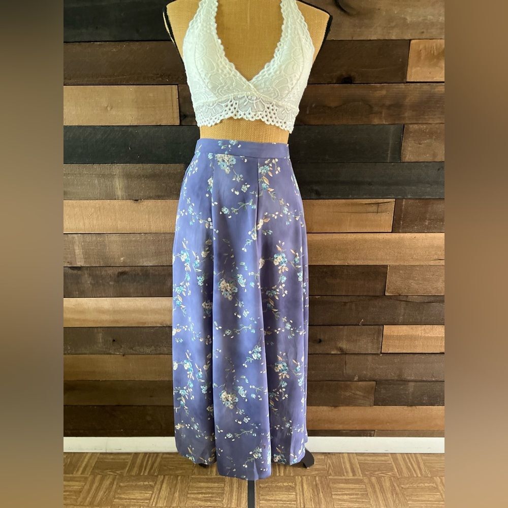 90s Vintage KORET Purple Cottagecore Painted Flowers Elastic Waist Maxi Skirt - Picture 4 of 8